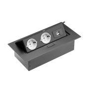 Блок розеток прямоугольный врезной 2 розетки AE-PBU02GS-20 (Schuko) 2xUSB, черный, без провода