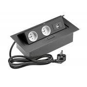 Удлинитель прямоугольный врезной 2 розетки AE-PBU2GU-20 (French) 2xUSB, черный, с проводом 1,5 метра